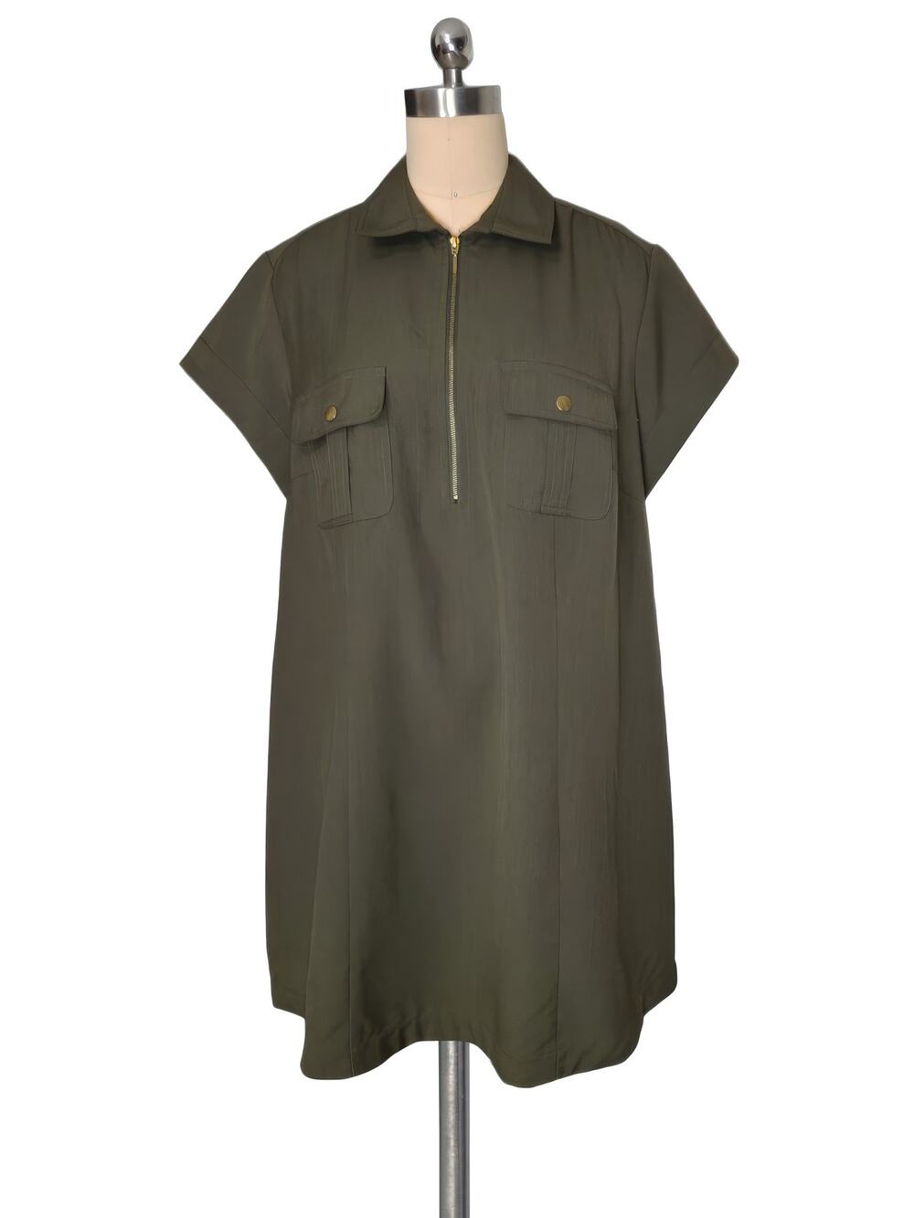 SHARAGANO Zip Front Pocket Collared Olive Green Cute Dress 18W